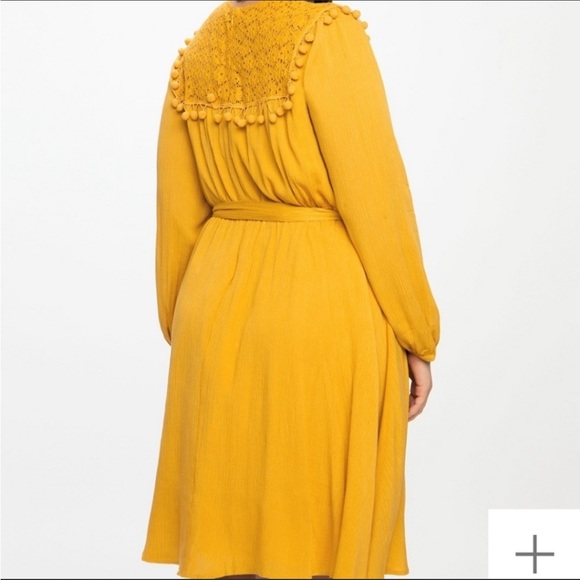 Eloquii Mustard Yellow Lace  Pom Fit & Flare Belted Tie Dress - Picture 3 of 12
